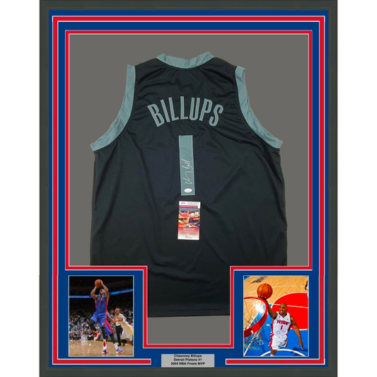 Framed Autographed/Signed Chauncey Billups 35x39 Detroit Black Basketball Jersey JSA COA