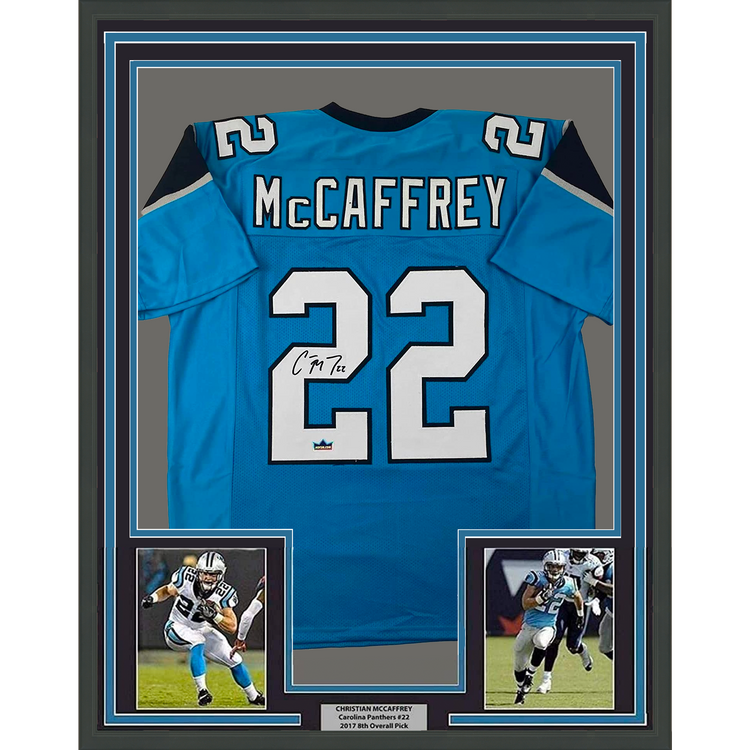 Framed Facsimile Autographed Christian McCaffrey 35x39 Carolina Blue Reprint Laser Auto Football Jersey Size Men's XL