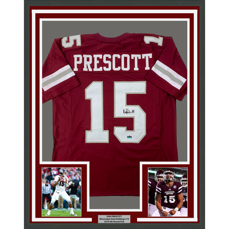 Framed Facsimile Autographed Dak Prescott 35x39 Mississippi State Maroon Reprint Laser Auto College Football Jersey Size Men's XL
