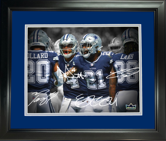 Framed Dak Prescott, CeeDee Lamb, Ezekiel Elliott & Tony Pollard Dallas Cowboys Dual Facsimile Laser Engraved Signature Auto 11"x14" Football Photo HOFSM Holo