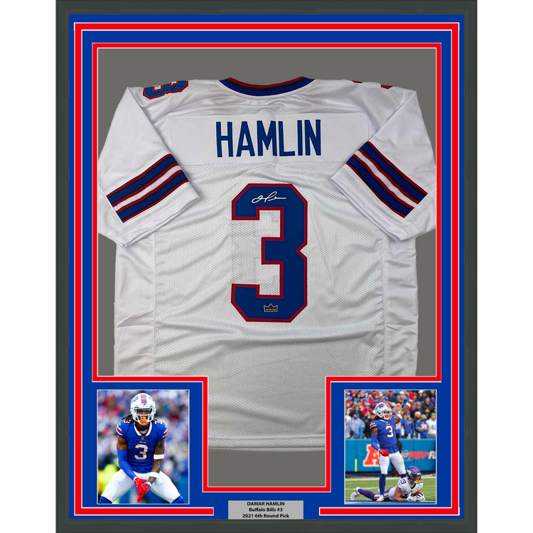 Framed Facsimile Autographed Damar Hamlin 35x39 Buffalo White Reprint Laser Auto Football Jersey