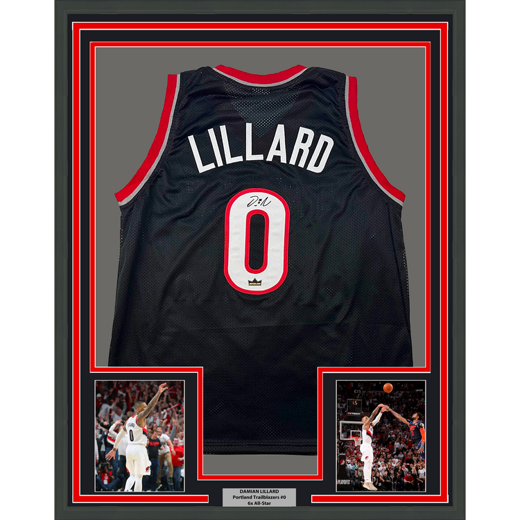 Framed Facsimile Autographed Damian Lillard 35x39 Portland Black Reprint Laser Auto Basketball Jersey