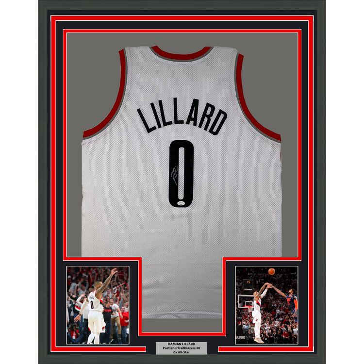Framed Autographed/Signed Damian Lillard 35x39 Portland White Basketball Jersey JSA COA