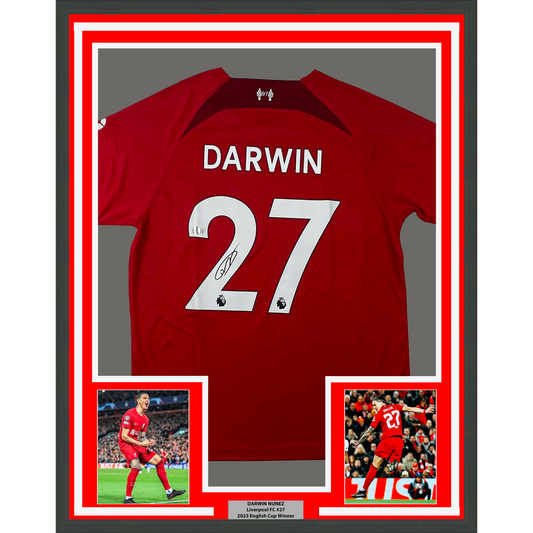 Framed Autographed/Signed Darwin Nunez 35x39 Liverpool Red Soccer Jersey Beckett BAS COA