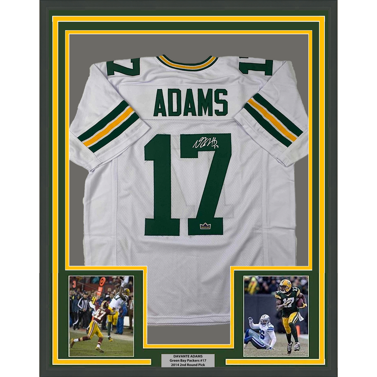 Framed Facsimile Autographed Davante Adams 35x39 Green Bay White Reprint Laser Auto Football Jersey Size Men's XL
