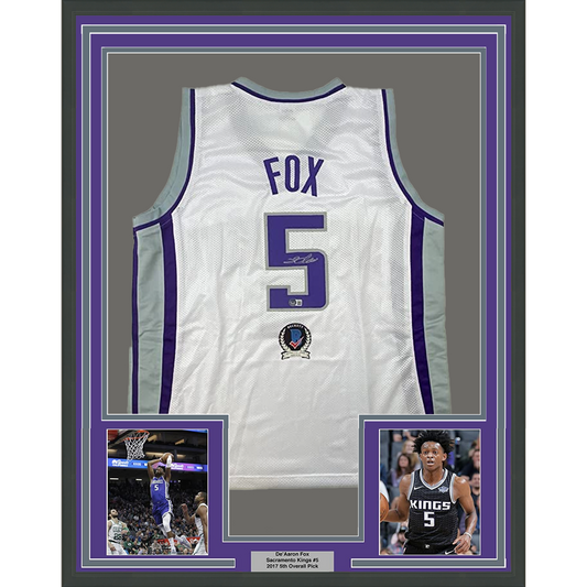 Framed Autographed/Signed De'Aaron Fox 35x39 Sacramento White Basketball Jersey BAS COA