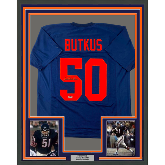 Framed Facsimile Autographed Dick Butkus 35x39 Illinois Blue Reprint Laser Auto College Football Jersey