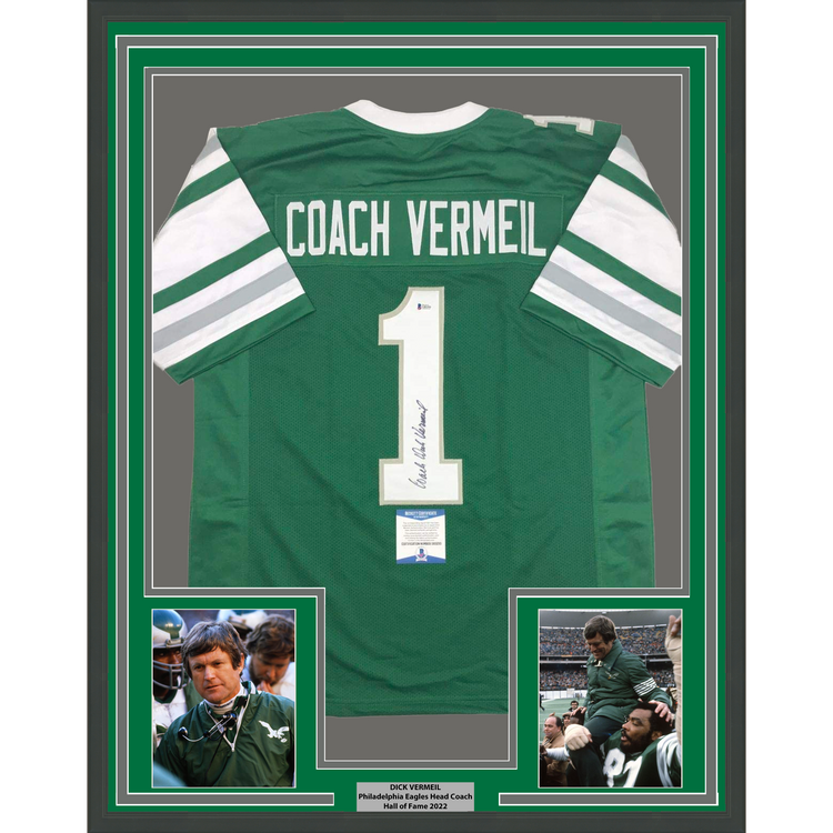 Framed Autographed/Signed Dick Vermeil 35x39 Philadelphia Green Football Jersey JSA COA