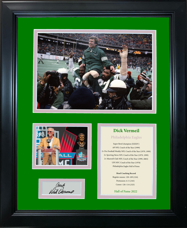 Framed Coach Dick Vermeil Hall of Fame Facsimile Laser Engraved Signature Auto Philadelphia Eagles 11"x14"Football Photo Sig Collage