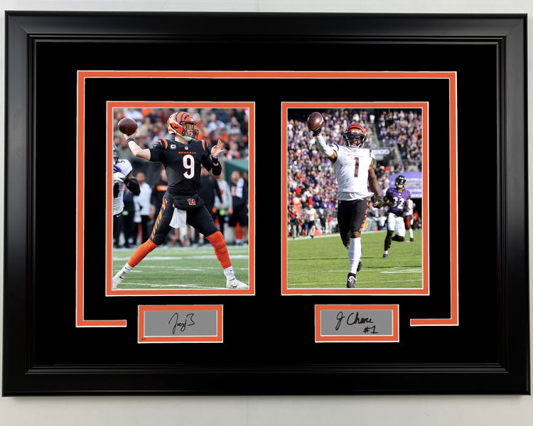 Framed Joe Burrow and Ja'Marr Chase Facsimile Laser Engraved Signatures Cincinnati Bengals 17x23 Dual Football Photo