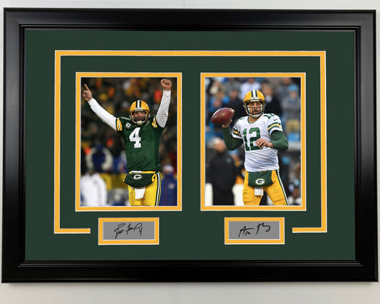 Framed Brett Favre and Aaron Rodgers Facsimile Laser Engraved Signatures Green Bay Packers 17x23 Dual Football Photo