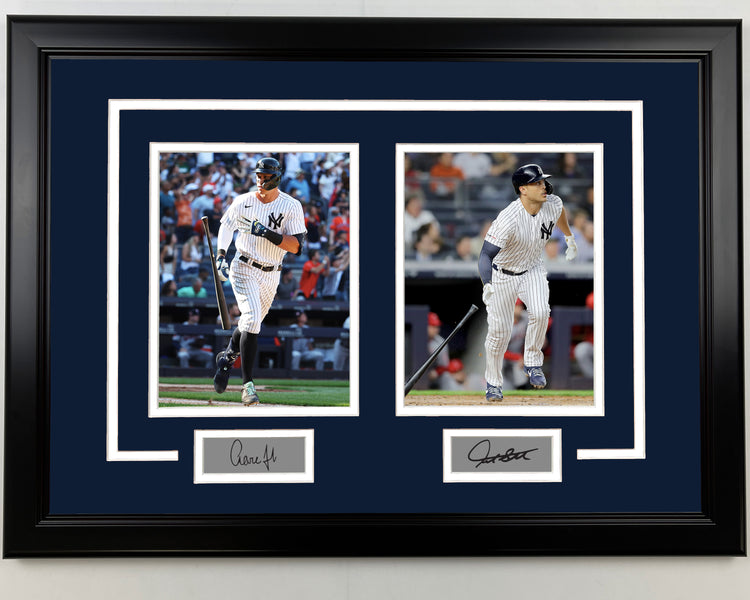 Framed Aaron Judge and Giancarlo Stanton Facsimile Laser Engraved Signatures New York Yankees 17x23 Dual Baseball Photo
