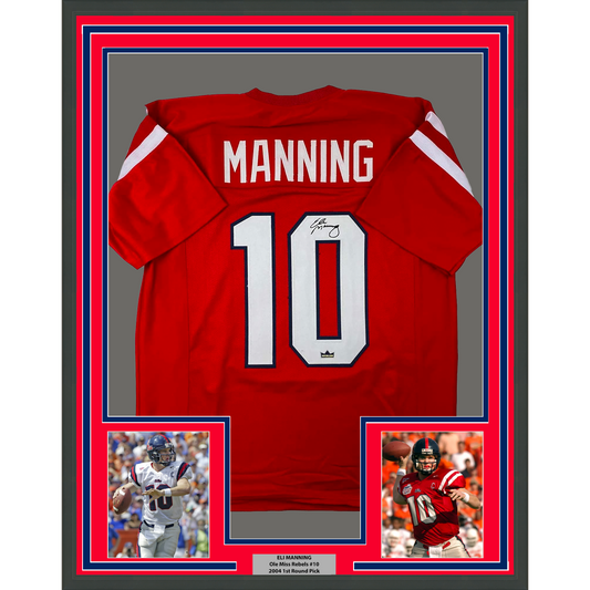 Framed Facsimile Autographed Eli Manning 35x39 Ole Miss Red Reprint Laser Auto College Football Jersey