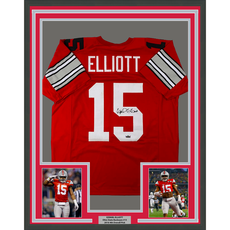 Framed Facsimile Autographed Ezekiel Elliott 35x39 Ohio State Red Reprint Laser Auto College Football Jersey Size Men's XL