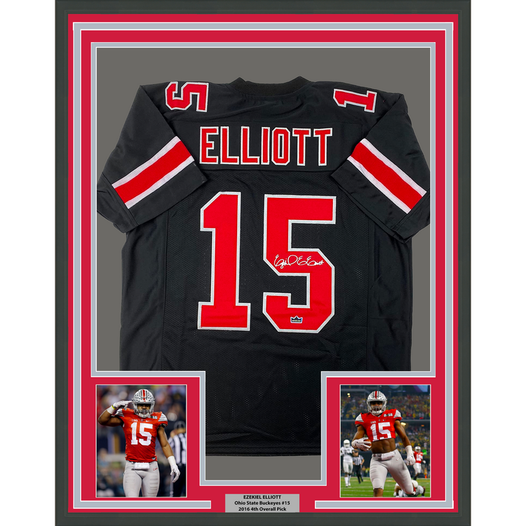 Framed Facsimile Autographed Ezekiel Elliott 35x39 Ohio State Black Reprint Laser Auto College Football Jersey