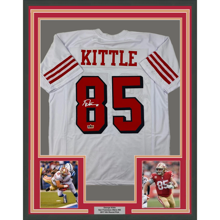 Framed Facsimile Autographed George Kittle 35x39 San Francisco White Alternate Reprint Laser Auto Football Jersey Size Men's XL