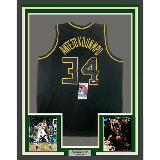 Framed Autographed/Signed Giannis Antetokounmpo 35x39 Milwaukee Blackout Basketball Jersey JSA COA