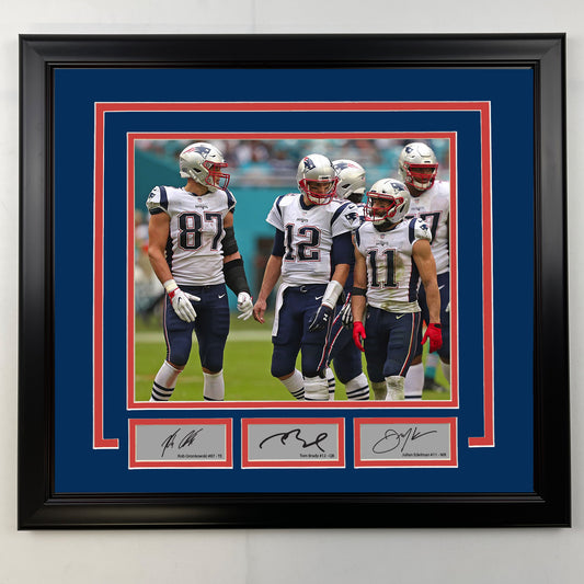 Framed Rob Gronkowski, Tom Brady and Julian Edelman Facsimile Laser Engraved Signatures New England Patriots 19x21 Football Photo