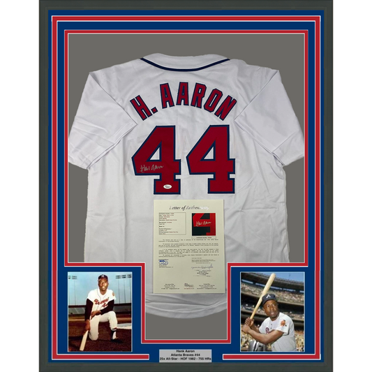 Framed Autographed/Signed Hank Henry Aaron 35x39 Atlanta White Baseball Jersey JSA COA/LOA