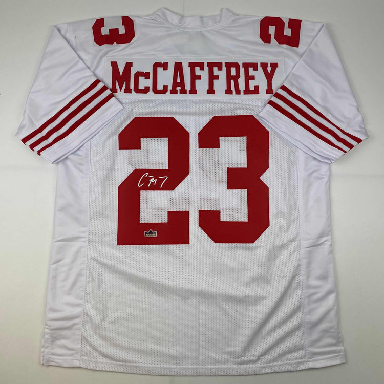 Facsimile Autographed Christian McCaffrey San Francisco White Reprint Laser Auto Football Jersey Size Men's XL