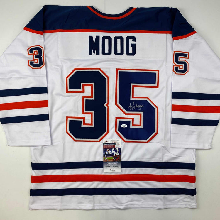 Autographed/Signed Andy Moog Edmonton White Hockey Jersey JSA COA