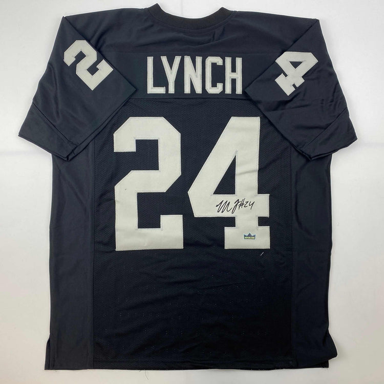 Facsimile Autographed Marshawn Lynch Oakland Las Vegas Black Reprint Laser Auto Football Jersey Size Men's XL