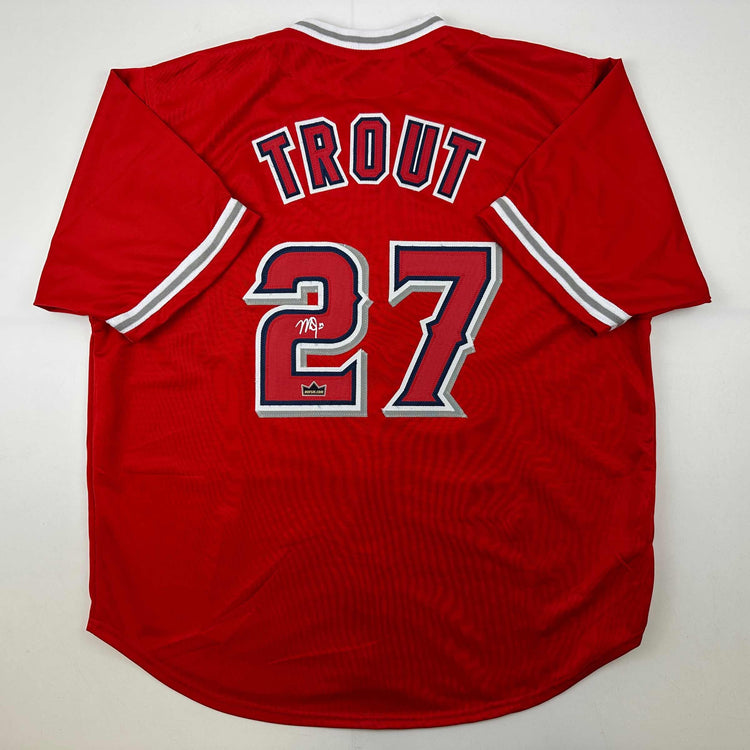 Facsimile Autographed Mike Trout Los Angeles LA Anaheim Red Reprint Laser Auto Baseball Jersey Size Men's XL