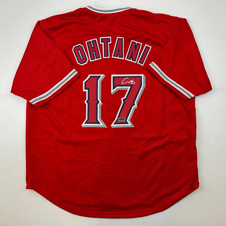 Facsimile Autographed Shohei Ohtani Los Angeles LA Anaheim Red Reprint Laser Auto Baseball Jersey Size Men's XL