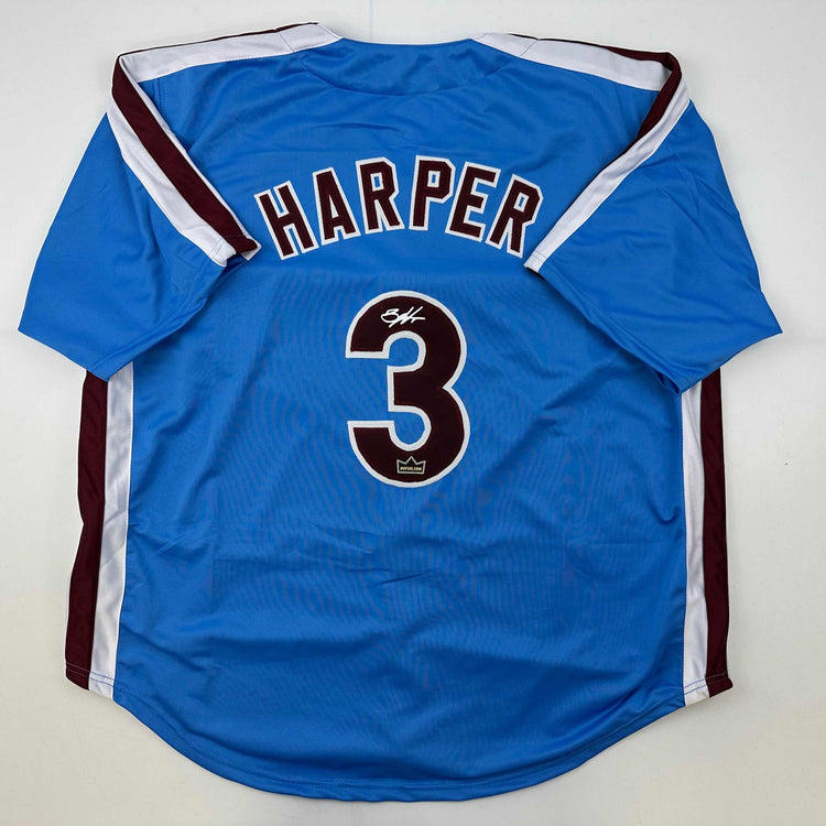 Facsimile Autographed Bryce Harper Philadelphia Blue Retro Reprint Laser Auto Baseball Jersey Size Men's XL