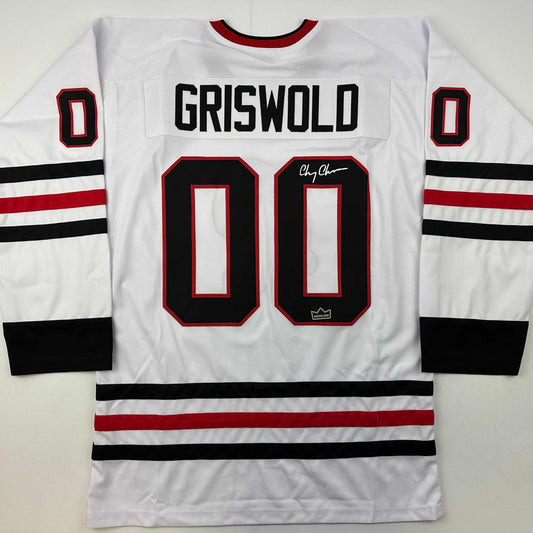 Facsimile Autographed Chevy Chase Clark Griswold Christmas Vacation Movie Chicago White Reprint Laser Auto Hockey Jersey Size Men's XL