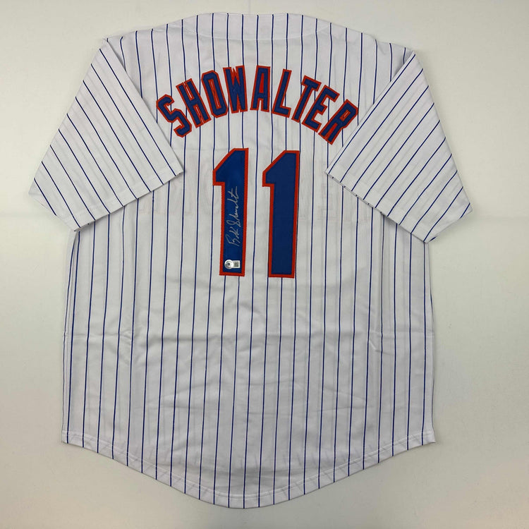 Autographed/Signed Buck Showalter New York Pinstripe Baseball Jersey Beckett BAS COA
