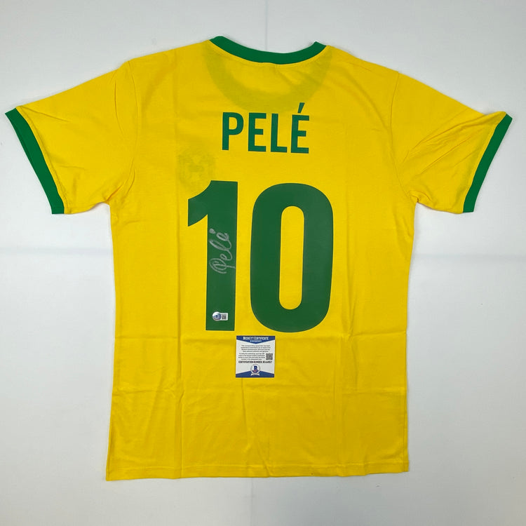 Autographed/Signed Pele Brazil Yellow Soccer Futbol Jersey Beckett BAS COA Auto #2