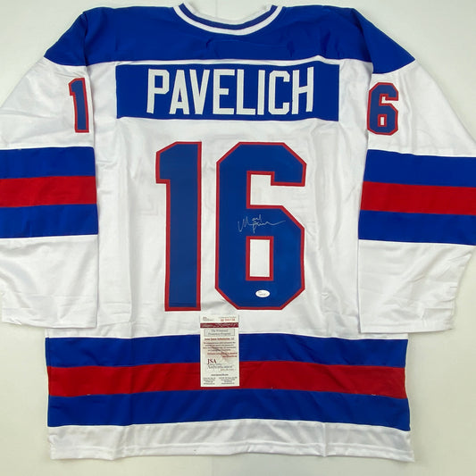 Autographed/Signed Mark Pavelich White Team USA Miracle On Ice 1980 Olympics Hockey Jersey JSA COA
