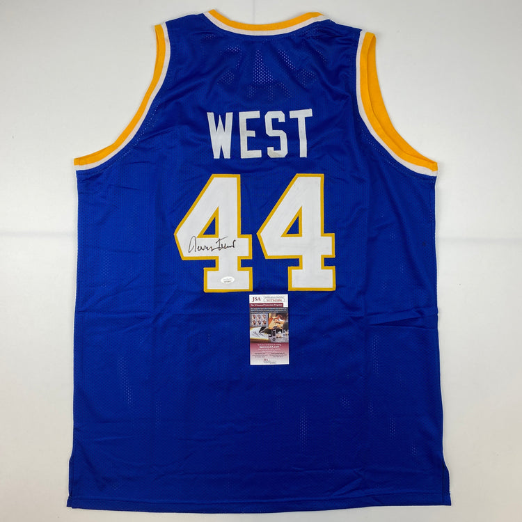 Autographed/Signed Jerry West West Virginia Blue College Basketball Jersey JSA COA