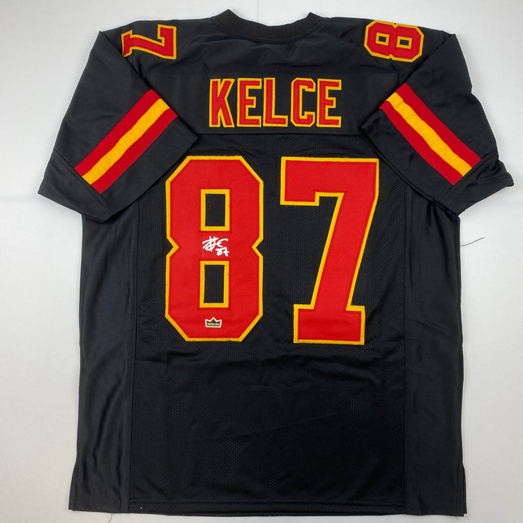 Facsimile Autographed Travis Kelce Kansas City Black Reprint Laser Auto Football Jersey Size Men's XL