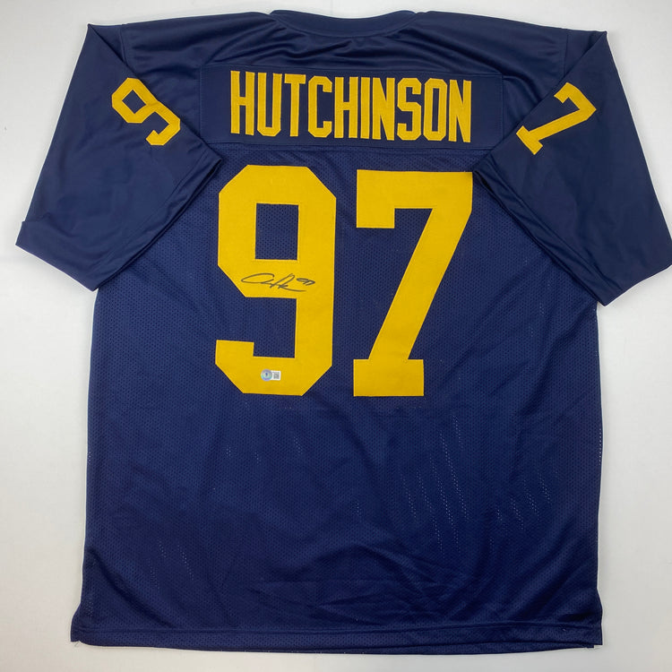 Autographed/Signed Aidan Hutchinson Michigan Blue College Football Jersey Beckett BAS COA