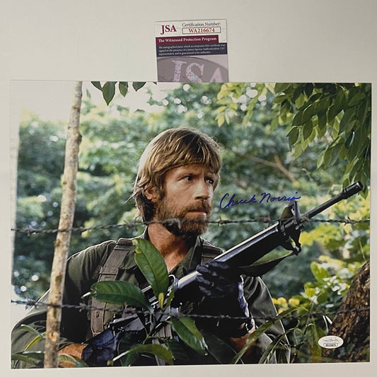 Autographed/Signed Chuck Norris Missing in Action 11x14 Movie Photo JSA COA #6