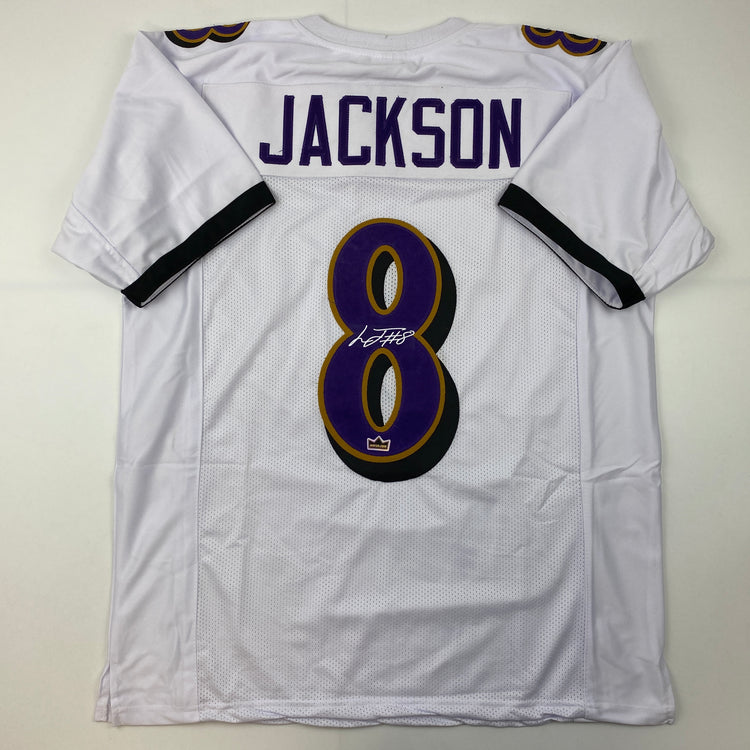 Facsimile Autographed Lamar Jackson Baltimore White Reprint Laser Auto Football Jersey Size Men's XL