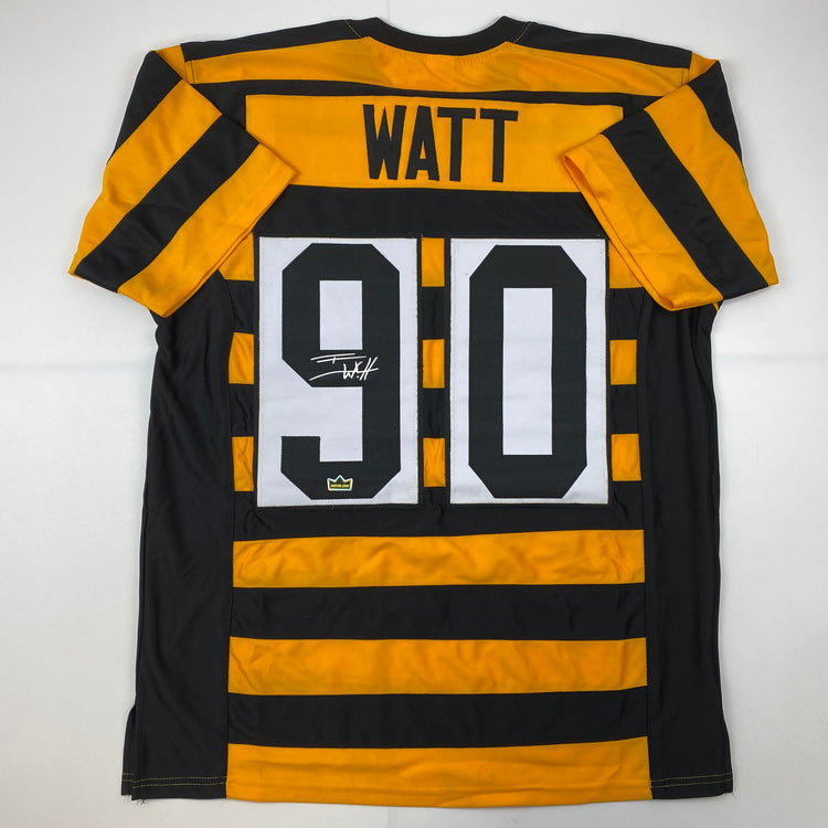 Facsimile Autographed T.J. TJ Watt Pittsburgh Bumble Bee Reprint Laser Auto Football Jersey Size Men's XL
