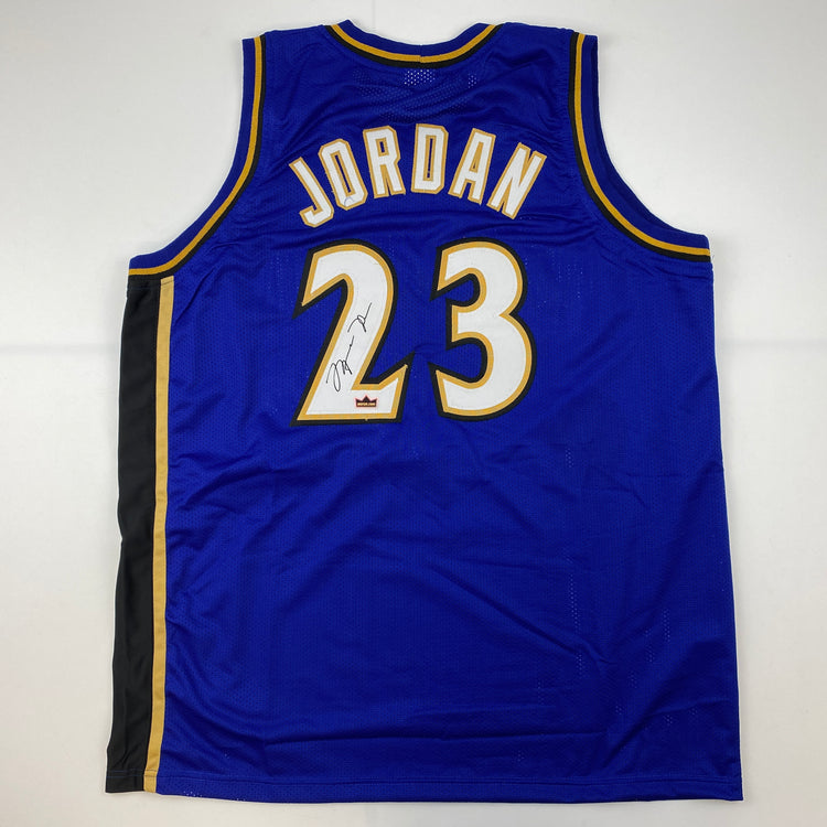 Facsimile Autographed Michael Jordan Washington Blue Reprint Laser Auto Basketball Jersey Size Men's XL