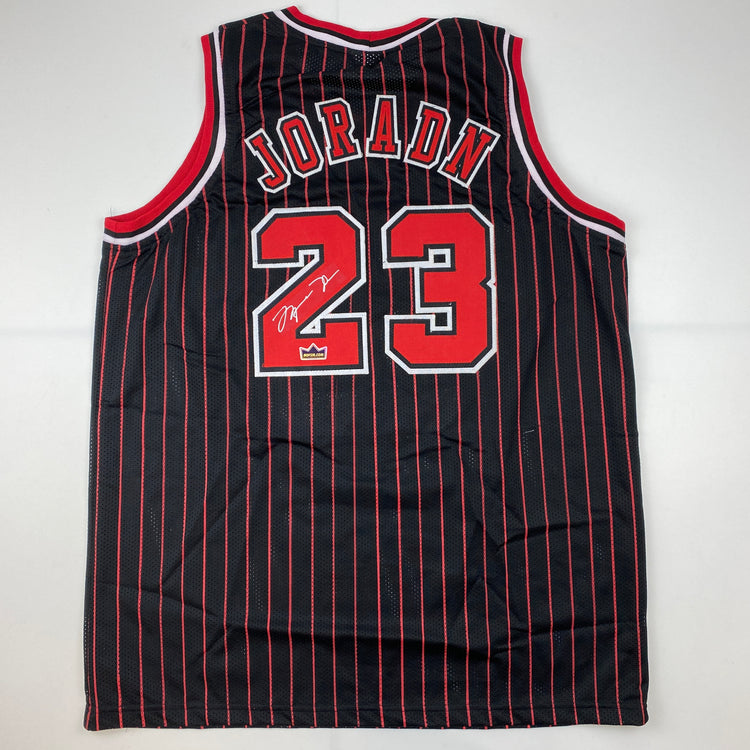 Facsimile Autographed Michael Jordan Chicago Black Pinstripe Reprint Laser Auto Basketball Jersey Size Men's XL