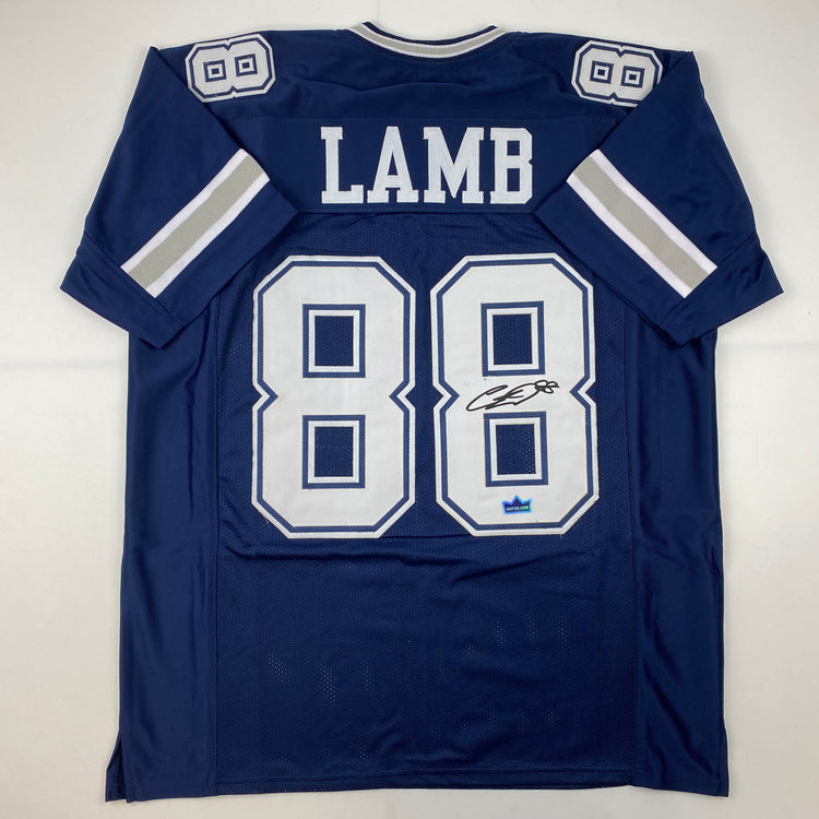 Facsimile Autographed CeeDee Lamb Dallas Blue Reprint Laser Auto Football Jersey Size Men's XL