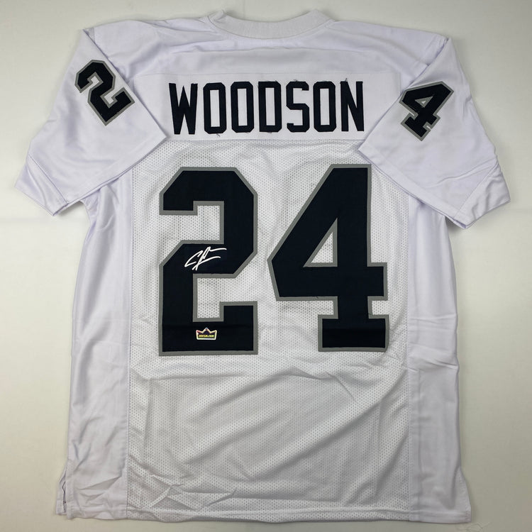 Facsimile Autographed Charles Woodson Oakland Las Vegas White Reprint Laser Auto Football Jersey Size Men's XL
