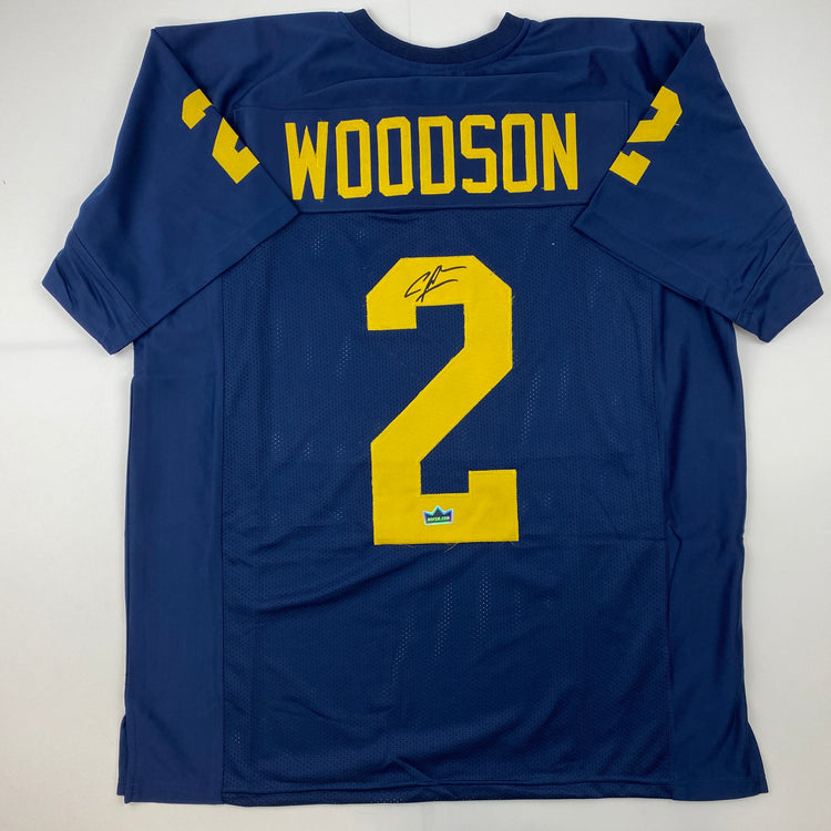 Facsimile Autographed Charles Woodson Michigan Blue Reprint Laser Auto College Football Jersey Size Men's XL