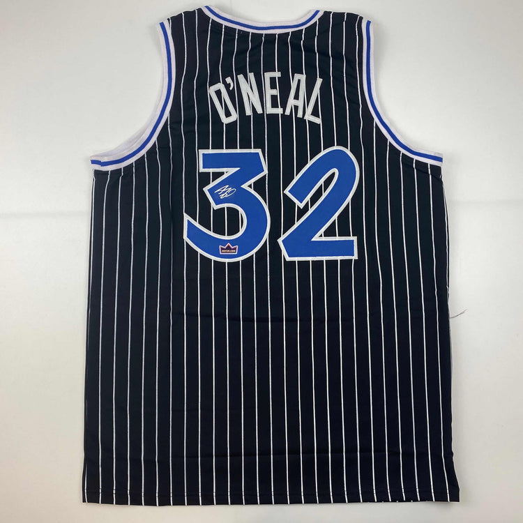 Facsimile Autographed Shaquille Shaq O'Neal Orlando Black Pinstripe Reprint Laser Auto Basketball Jersey Size Men's XL