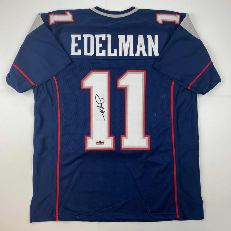Facsimile Autographed Julian Edelman New England Blue Reprint Laser Auto Football Jersey Size Men's XL
