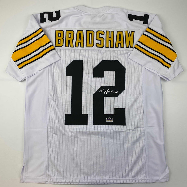 Facsimile Autographed Terry Bradshaw Pittsburgh White Reprint Laser Auto Football Jersey Size Men's XL