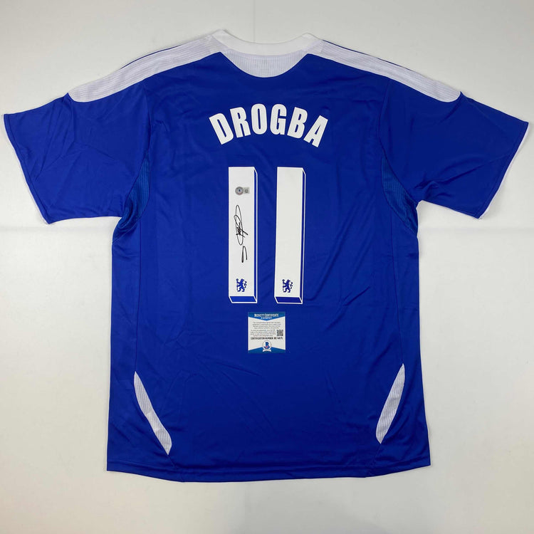 Autographed/Signed Didier Drogba Chelsea FC Blue Soccer Futbol Jersey Beckett BAS COA