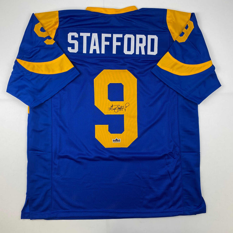 Facsimile Autographed Matthew Stafford Los Angeles LA Royal Blue Retro Reprint Laser Auto Football Jersey Size Men's XL