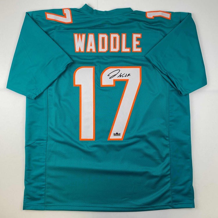 Facsimile Autographed Jaylen Waddle Miami Teal Reprint Laser Auto Football Jersey Size Men's XL